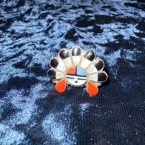 Zuni Native‎ American Sterling Silver Turquoise Coral Inlay Ring Sunface Laahty